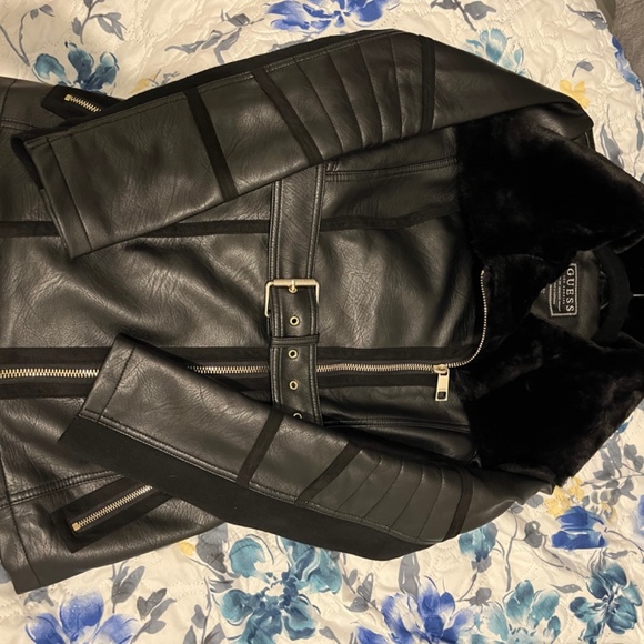Guess Chelsea Faux Leather Faux Fur Belted Jacket - Picture 4 of 6